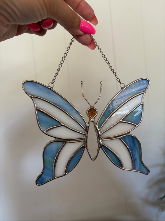 Vintage Other - Vintage Blue White Stained Glass Butterfly Suncatcher Window Hanging Wall Decor